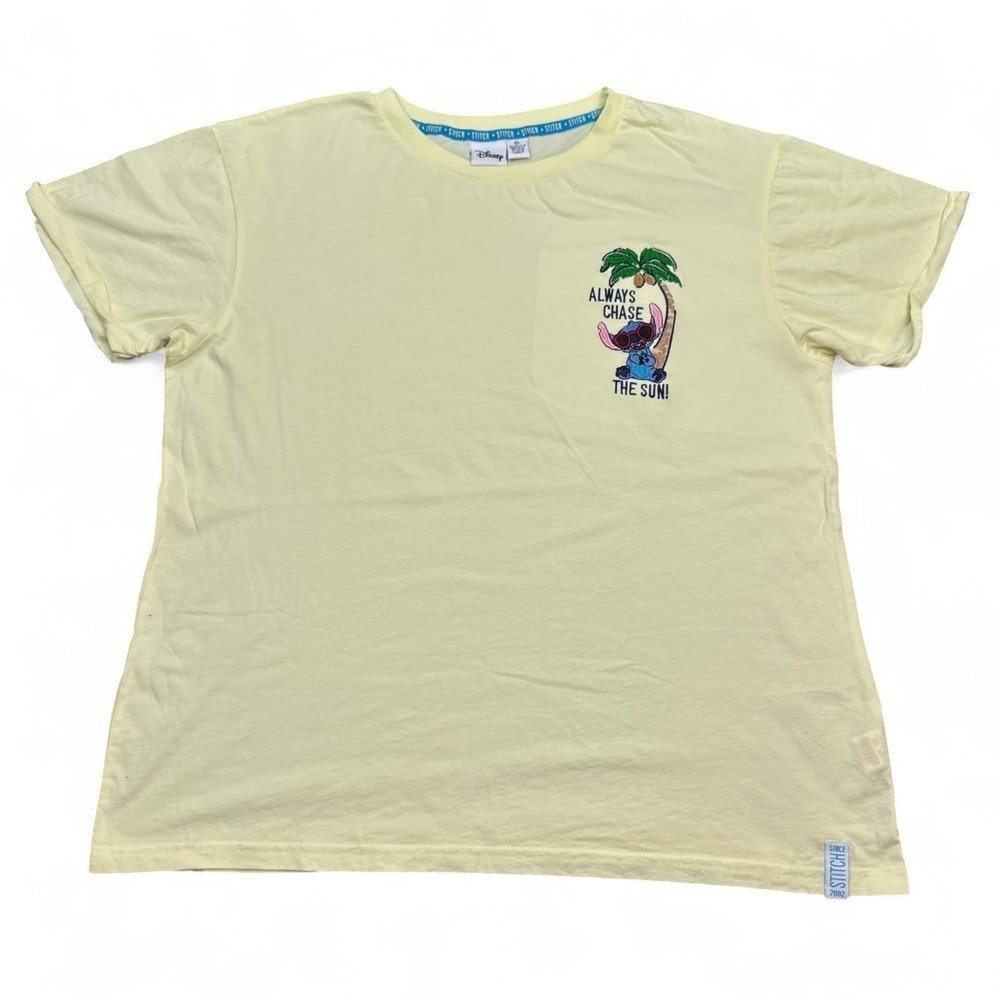 Disney Lilo Stitch T Shirt Top Womens Size Large Yellow Embroidered Beach